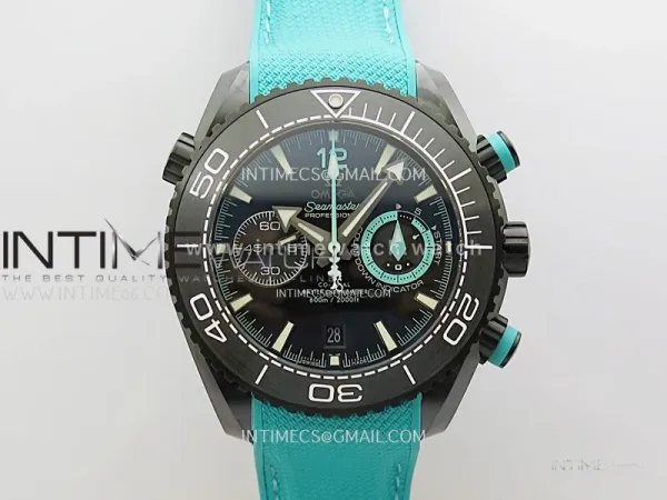 Planet Ocean Master Chrono Deep Black Ceramic SCF 1:1 Best Edition Black Dial on Light Blue Rubber Strap A9900