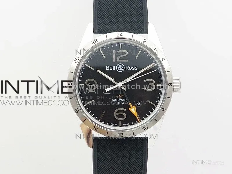 Vintage BR123 SS GMT Black Dial on Black Rubber Strap A2836