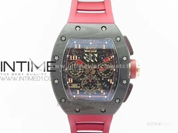 RM011 Carbon Case Chronograph KVF 1:1 Best Edition Carbon Bezel Skeleton Dial on Red Rubber Strap A7750