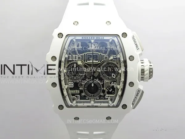 RM011 Titanium Case White Ceramic Bezel Chronograph KUF Best Edition Skeleton Dial on White Rubber Strap A7750