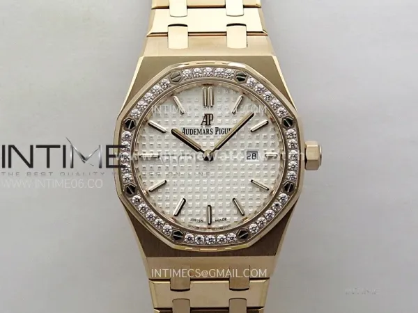 Lady Royal Oak 33mm 67651 Diamonds Bezel RG ZF 1:1 Best Edition White Textured Dial on RG Bracelet RONDA Quartz