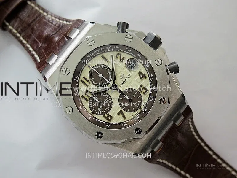 Royal Oak Offshore 42mm 2014 Safari SS TKF Best Edition Cream Dial On Brown Leather Strap Asian 3126