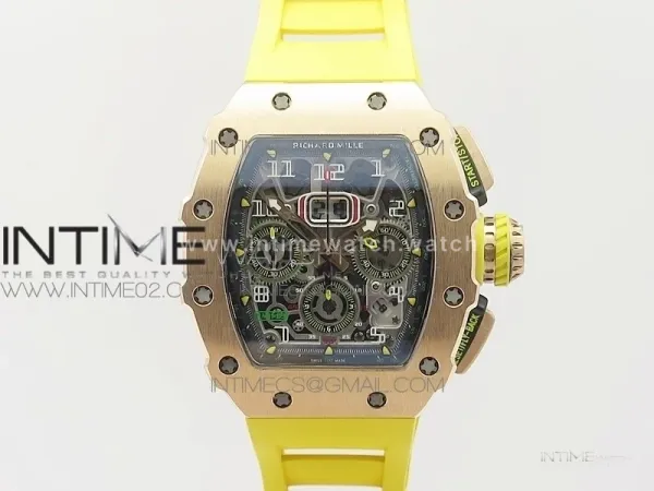 RM011 RG Chronograph SS Case KVF 1:1 Best Edition Crystal Skeleton Dial on Yellow Rubber Strap A7750