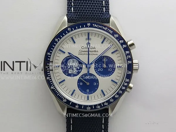 Speedmaster Professional Snoopy SS SMF 1:1 Best Edition Silver Dial Blue Marker On Blue Nylon Strap A3861(Free SS Bracelet)