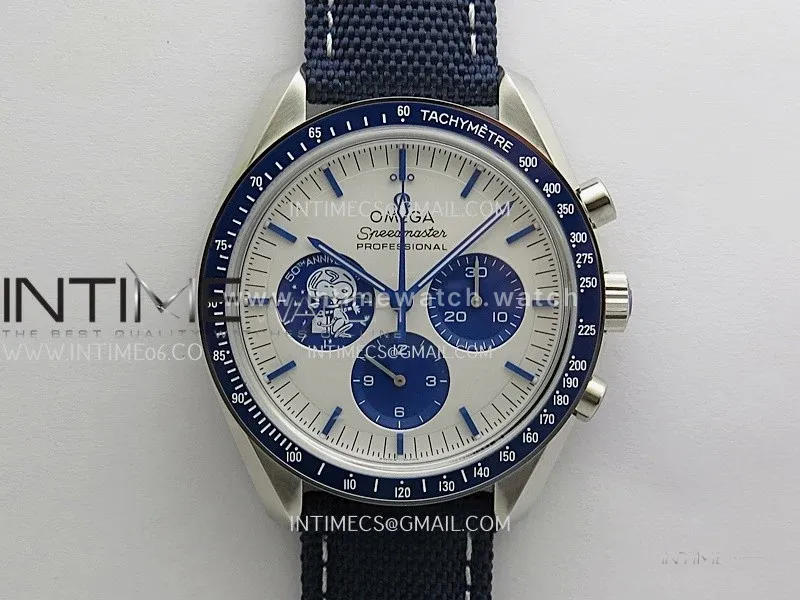Speedmaster Professional Snoopy SS SMF 1:1 Best Edition Silver Dial Blue Marker On Blue Nylon Strap A3861(Free SS Bracelet)