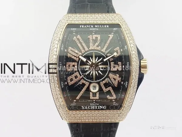 Vanguard V45 RG Full Diamonds Black Textured Diamonds Markers on Black Gummy Strap A2813