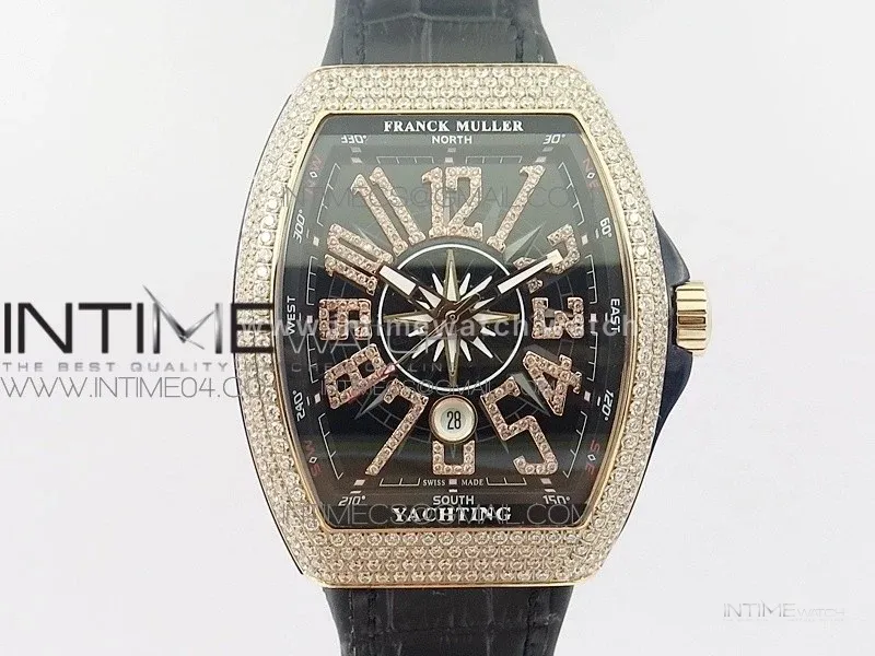 Vanguard V45 RG Full Diamonds Black Textured Diamonds Markers on Black Gummy Strap A2813