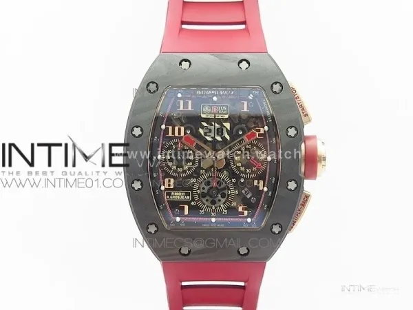 RM011 RG Case Chronograph KVF 1:1 Best Edition Carbon Bezel Skeleton Dial on Red Rubber Strap A7750