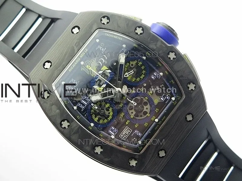 RM011 Titanium Case Carbon Bezel Chronograph KVF 1:1 Best Edition Skeleton Dial Blue Crown on Black Rubber Strap A7750