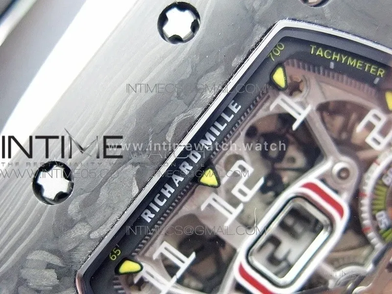RM011 Carbon Case Chrono KVF 1:1 Best Edition Crystal Skeleton Yellow Dial on Camo Rubber Strap A7750 V2