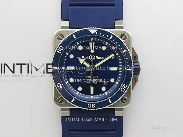 BR 03-92 Diver Blue Ceramic Bezel SS B12 1:1 Best Edition Blue Dial on Blue Rubber Strap A2824 (Free Nylon Strap)