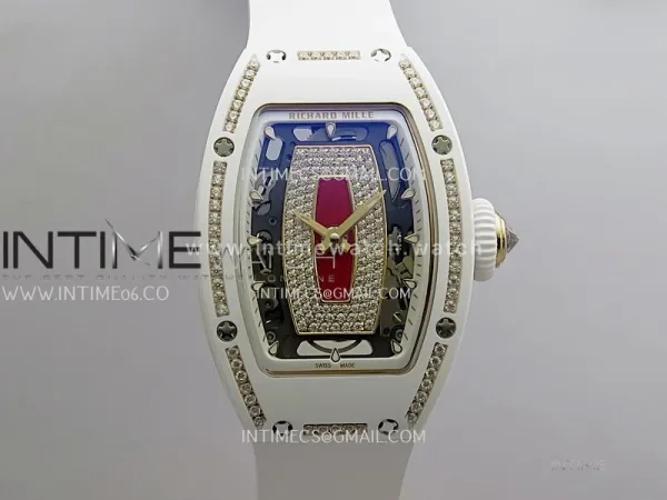 RM07 Real White Ceramic Diamond Bezel YG ZF Best Edition Red MOP Diamond Skeleton Dial On Black Rubber Strap Asian CRMA2 Clone