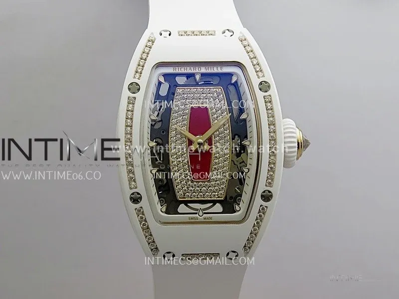 RM07 Real White Ceramic Diamond Bezel YG ZF Best Edition Red MOP Diamond Skeleton Dial On Black Rubber Strap Asian CRMA2 Clone