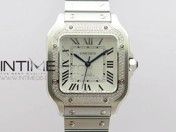 Santos de Cartier 35mm 2018 Diamonds Bezel RXW 1:1 Best Edition White Dial on SS SmartLinks Bracelet MIYOTA 9015