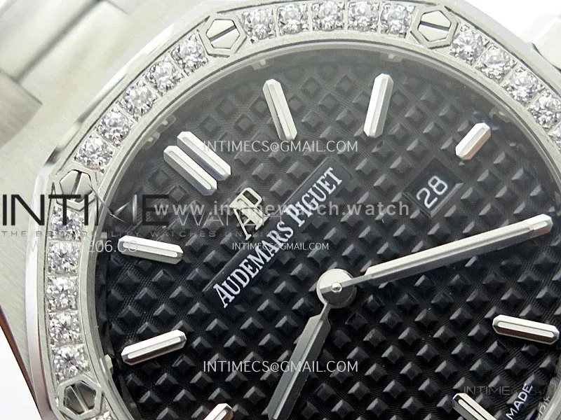 Lady Royal Oak 33mm 67651 Diamonds SS ZF 1:1 Best Edition Black Textured Dial on SS Bracelet RONDA Quartz