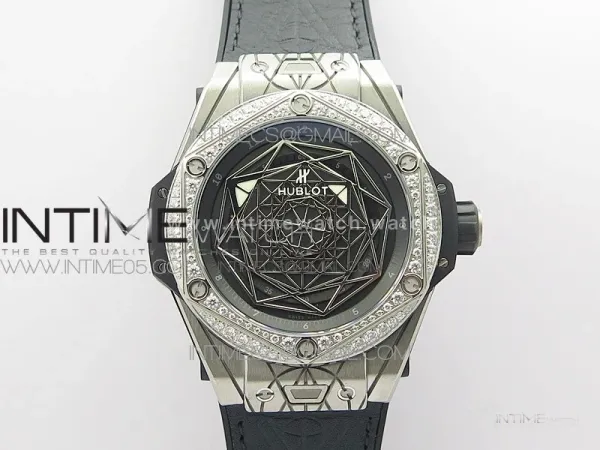 Big Bang Sang Bleu Ti Crystal Bezel WWF 1:1 Best Edition Black Skeletonal Dial On Black Gummy Strap Asian HB1213 V2