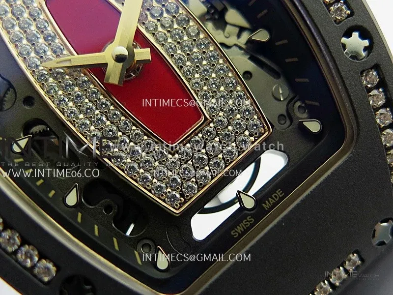 RM07 Real Black Ceramic Diamond Bezel YG ZF Best Edition Red MOP Diamond Skeleton Dial On Black Rubber Strap Asian CRMA2 Clone
