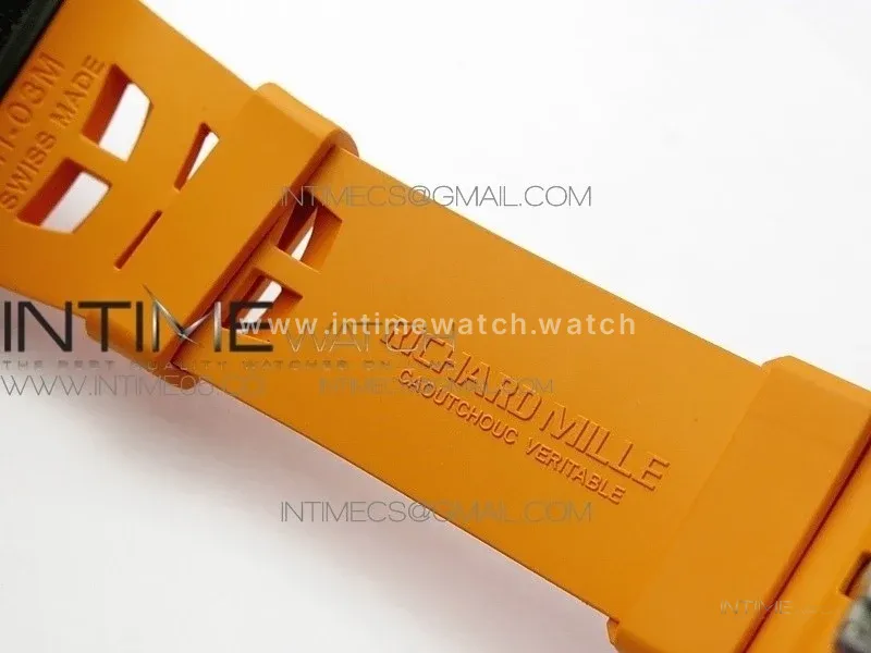 RM011 Carbon Case Chrono KVF 1:1 Best Edition Crystal Skeleton Yellow Dial on Orange Rubber Strap A7750 V2