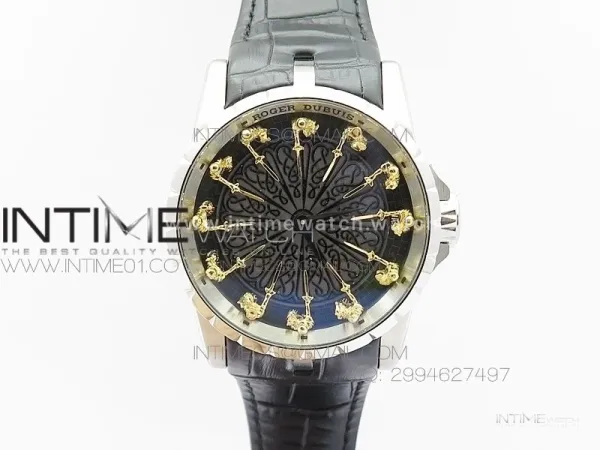 Excalibur RDDBEX0495 SS Black Dial on Black Leather Strap