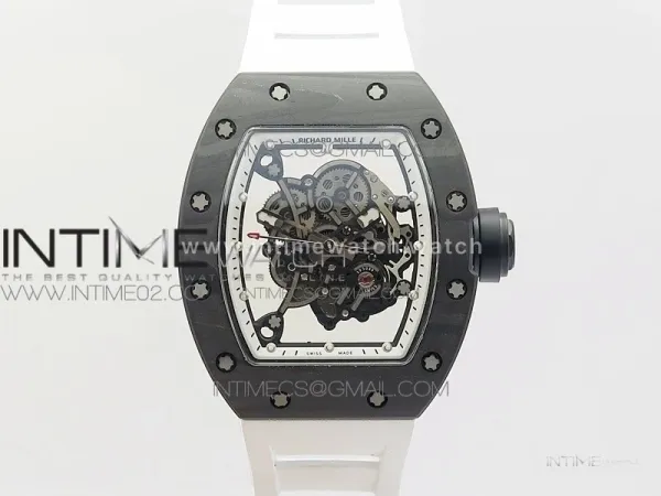 RM055 Ti Case KVF Best Edition Carbon Bezel Skeleton Dial Black Crown on White Rubber Strap MIYOTA8215