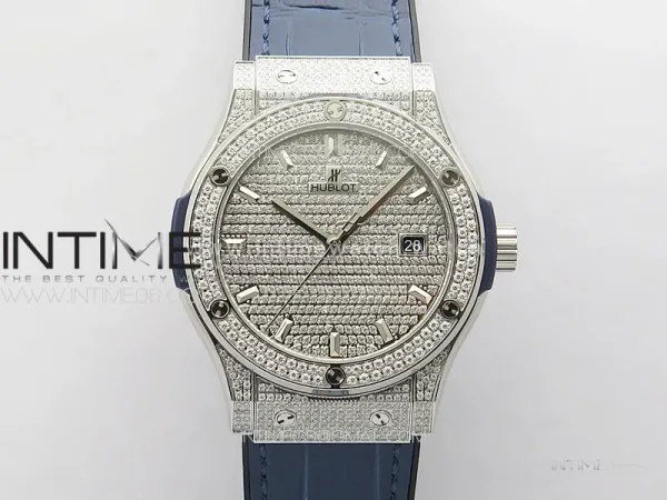 Classic Fusion 42mm SS Paved Diamonds Case And Bezel B50F Paved Diamonds Dial On Blue Gummy Strap A2892
