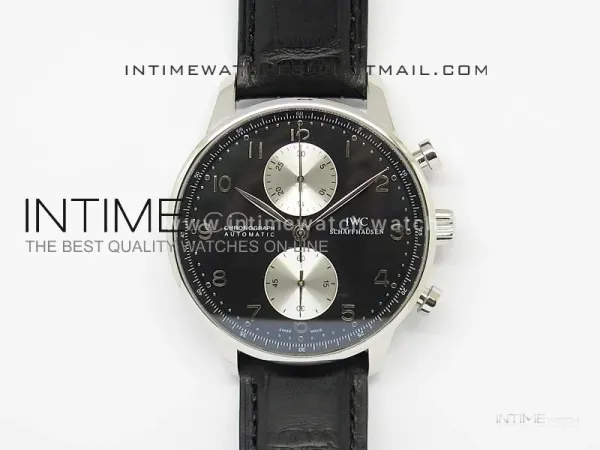 Portuguese 40mm Chrono SS Black Dial Sliver subdial on Leather Strap A7750
