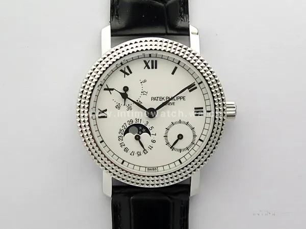 Calatrava 5057 Cortina Watch 50th Anniversary SS 3EF Best Edition White Dial on Black Leather Strap A240