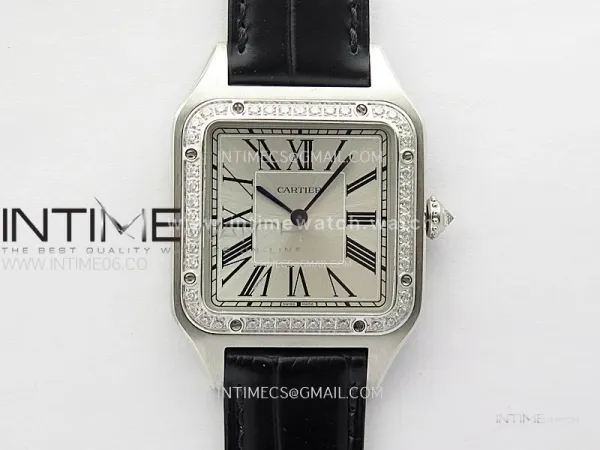 Santos Dumont 43.5mm SS/Diamonds Bezel F1F Best Edition Silver Dial on Black Leather Strap Quartz