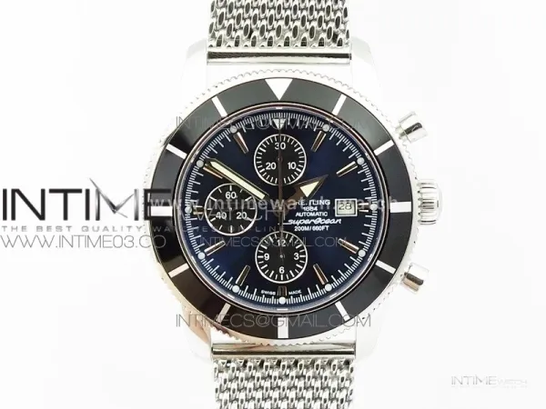 SuperOcean A13312 46mm Black Bezel Blue Dial/black subdial on SS Bracelet A7750