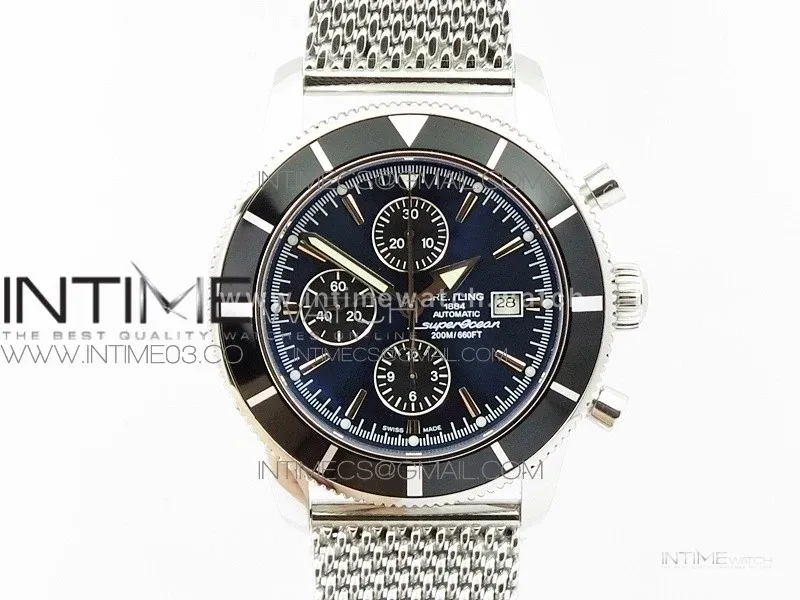 SuperOcean A13312 46mm Black Bezel Blue Dial/black subdial on SS Bracelet A7750