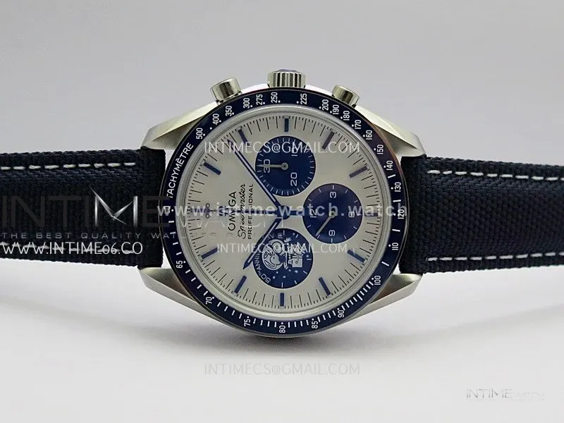 Speedmaster Professional Snoopy SS SMF 1:1 Best Edition Silver Dial Blue Marker On Blue Nylon Strap A3861(Free SS Bracelet)