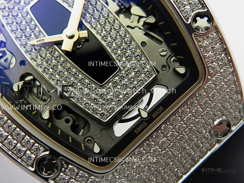 RM07 Paved Snowflake Cut Diamonds SS ZF Best Edition Black MOP Diamond Skeleton Dial On Black Rubber Strap Asian CRMA2 Clone