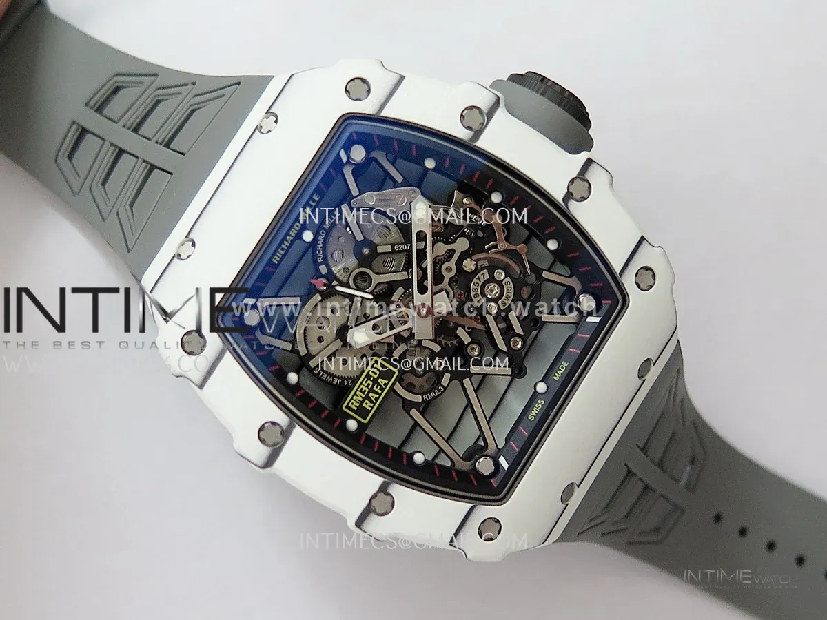 RM035-01 White Carbon GTF Best Edition Skeleton Dial On Gray Rubber Strap Super Clone RMUL2 (Free Sprung)