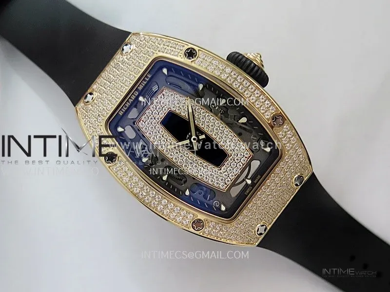 RM07 Paved Snowflake Cut Diamonds RG ZF Best Edition Black MOP Diamond Skeleton Dial On Black Rubber Strap Asian CRMA2 Clone