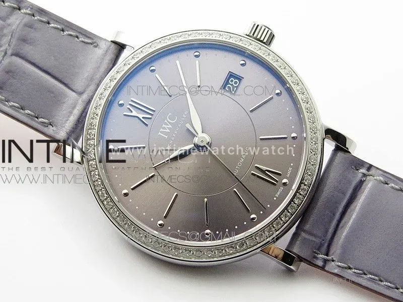 Portofino 37mm SS Diamond Bezel A7F 1:1 Best Edition Gray Dial on Gray Leather Strap A2892