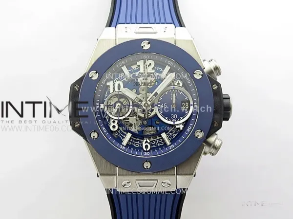 Hublot Big Bang Unico 42mm Titanium/Ceramic Bezel BBF 1:1 Best Edition Blue Skeleton Dial on Blue Rubber Strap A1280
