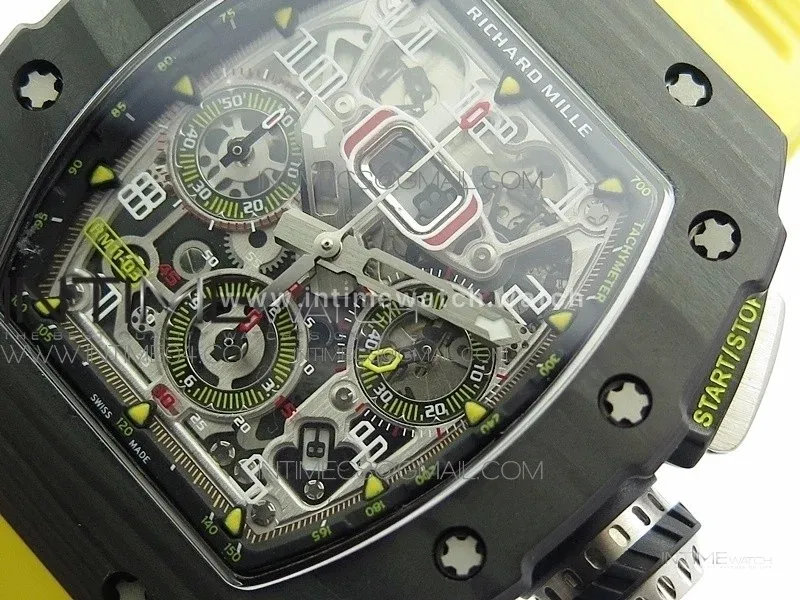 RM011 Carbon Case Chrono KVF 1:1 Best Edition Crystal Skeleton Yellow Dial on Yellow Rubber Strap A7750