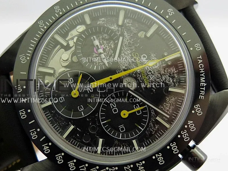 Speedmaster 44mm Ceramic SMF 1:1 Best Edition Black Skeleton Dial Yellow Hands On Black Leather Strap A3869 (Free Strap)