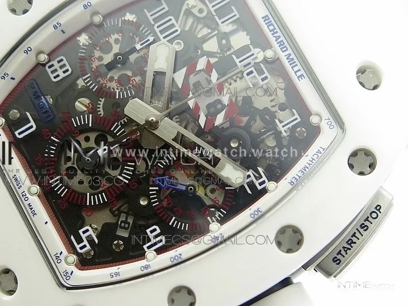 RM011 Carbon Case (Blue markers) Chronograph KVF 1:1 Best Edition White Ceramic Bezel Skeleton Dial on White Rubber Strap A7750