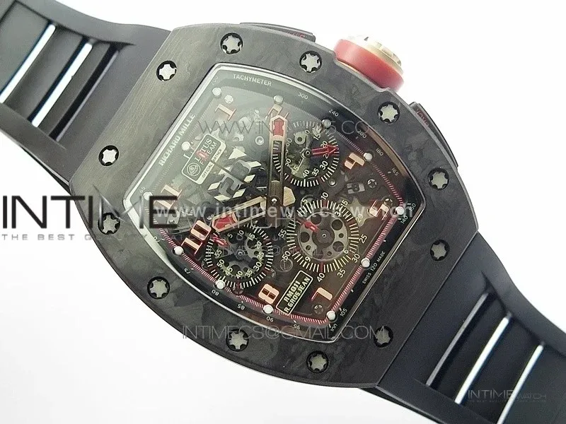 RM011 Carbon Case Carbon Bezel Chronograph KVF 1:1 Best Edition Skeleton Dial Red/RG on Black Rubber Strap A7750