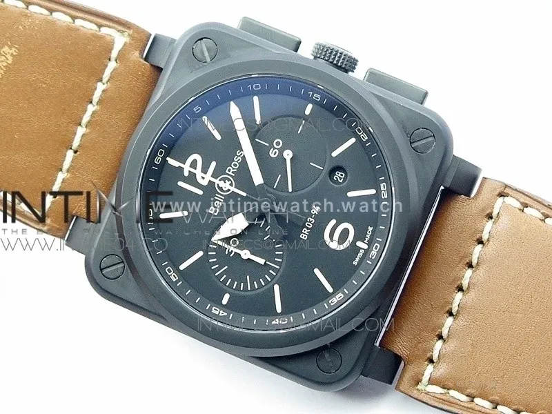BR 03-94 Chrono PVD Black Dial Yellow Markers on Brown Leather Strap A7750 (Free Nylon Strap)