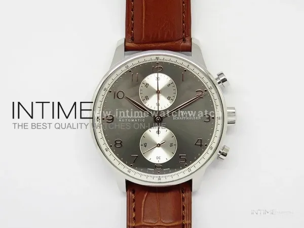 Portuguese 40mm Chrono SS Gray Dial Sliver subdial on Leather Strap A7750