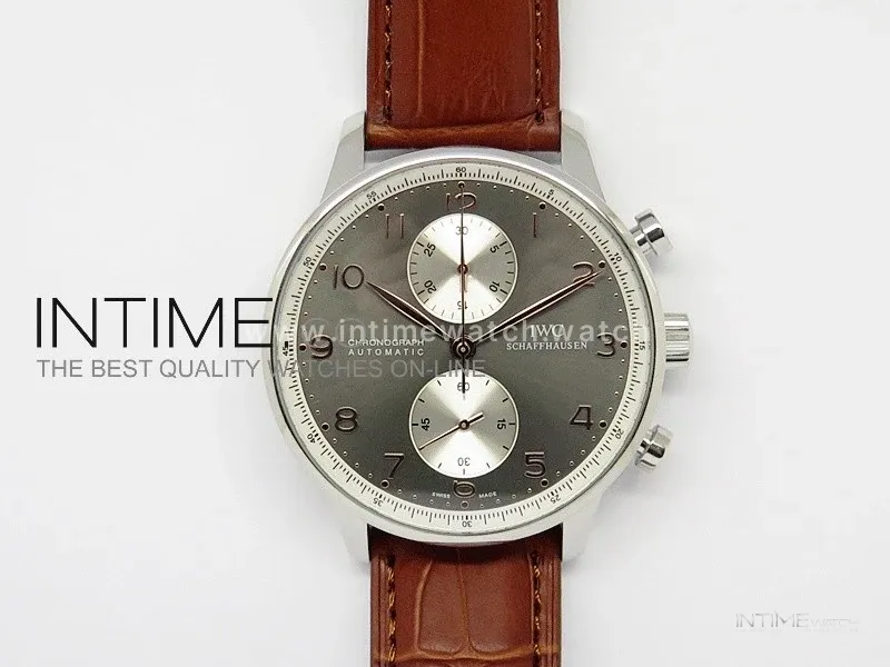 Portuguese 40mm Chrono SS Gray Dial Sliver subdial on Leather Strap A7750