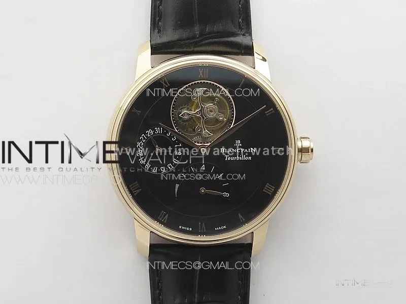 Villeret Tourbillon RG Real PR YSF Best Edition Black Dial on Black Leather Strap