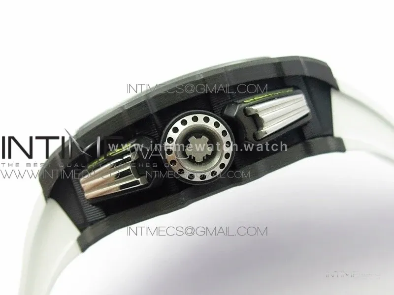 RM011 Carbon Case Chrono KVF 1:1 Best Edition Crystal Skeleton Yellow Dial on White Rubber Strap A7750