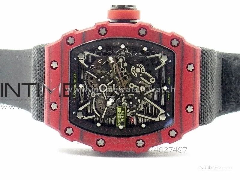 RM 035-2 Red Forged Carbon Black Inner Bezel Skeleton Dial on Black Nylon Strap MIYOTA9015