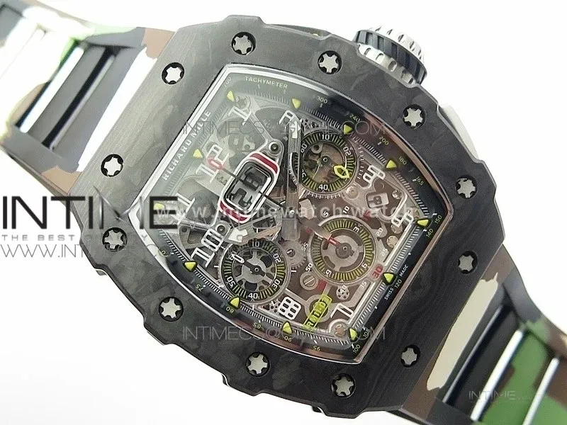 RM011 Carbon Case Chrono KVF 1:1 Best Edition Crystal Skeleton Yellow Dial on Camo Rubber Strap A7750 V2