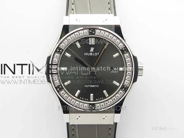 Classic Fusion 42mm SS Paved Diamonds Bezel B50F Gray Dial On Gray Gummy Strap A2892