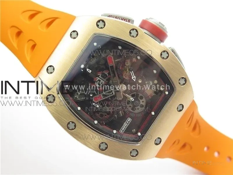 RM011-FM RG CHRONOGRAPH RG CASE KVF 1:1 BEST EDITION CRYSTAL SKELETON DIAL ON ORANGE RUBBER STRAP A7750