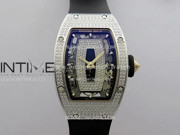 RM07 Paved Snowflake Cut Diamonds SS ZF Best Edition Black MOP Diamond Skeleton Dial On Black Rubber Strap Asian CRMA2 Clone